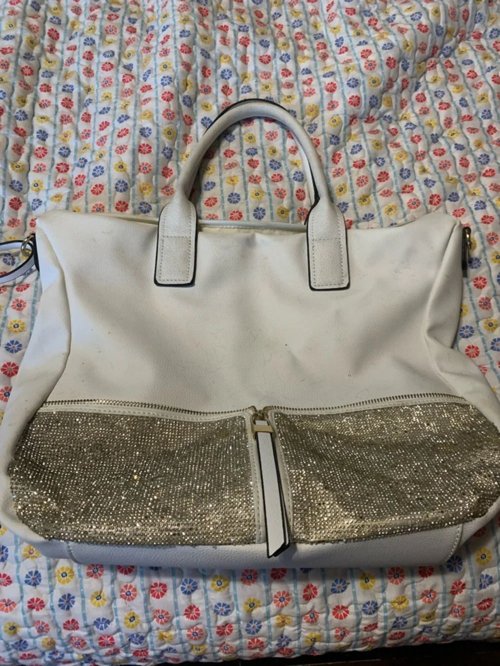 White Leather Tote Bag with Gold Sequin Pockets